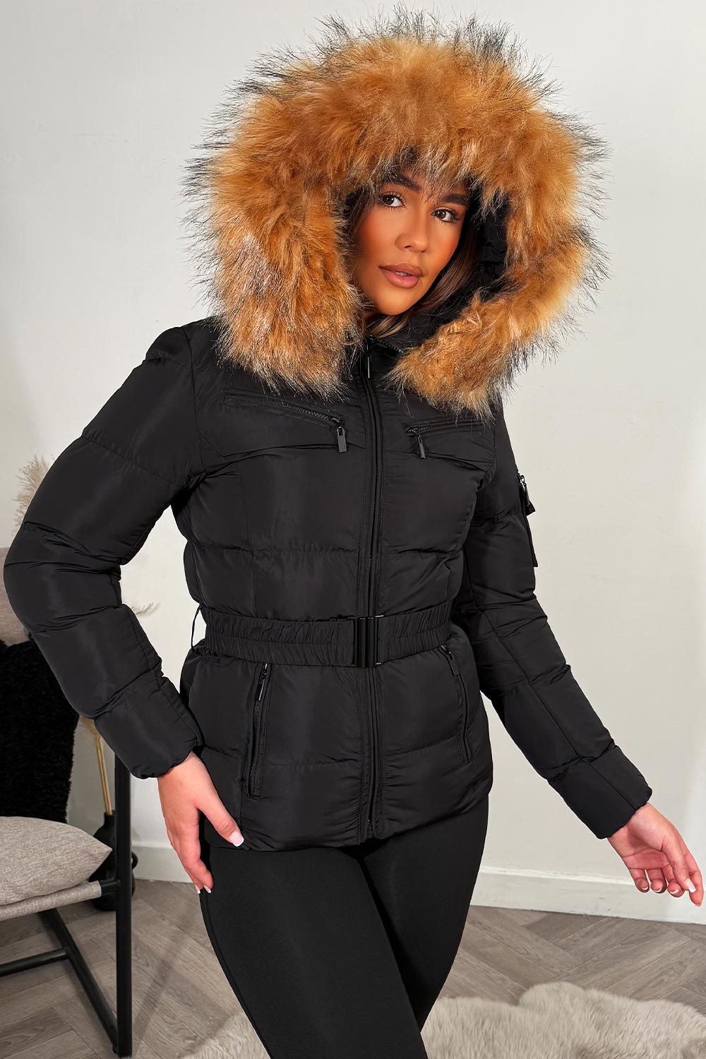 Maisyn | Women’s belted puffer jacket with faux fur hood