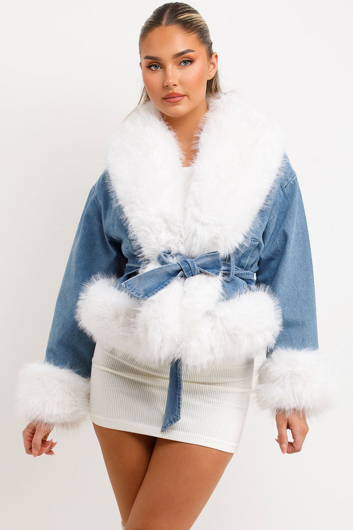 Anneliese | Women’s belted denim jacket with faux fur trim