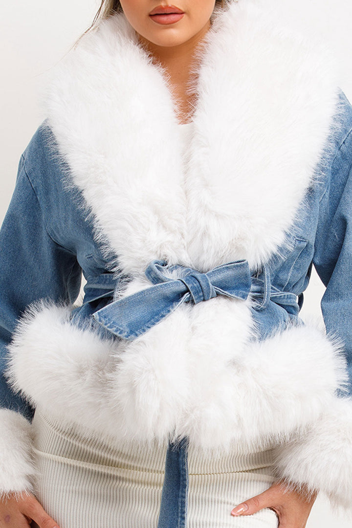 Anneliese | Women’s belted denim jacket with faux fur trim