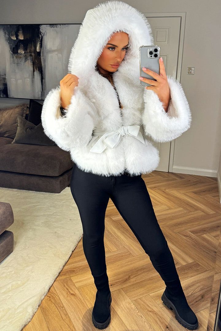 Aniston | Women’s cropped faux fur coat with hood and belt