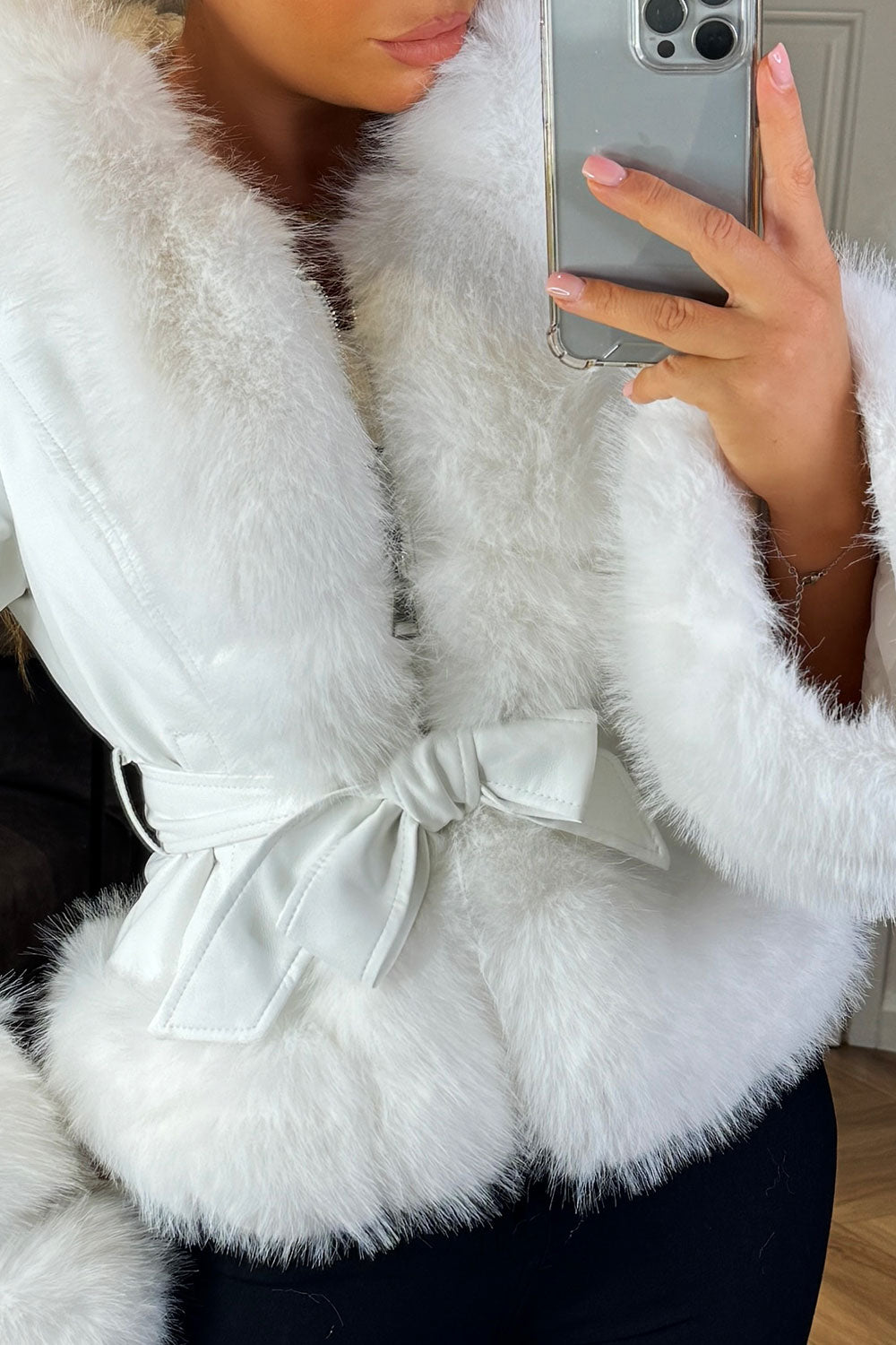 Aniston | Women’s cropped faux fur coat with hood and belt