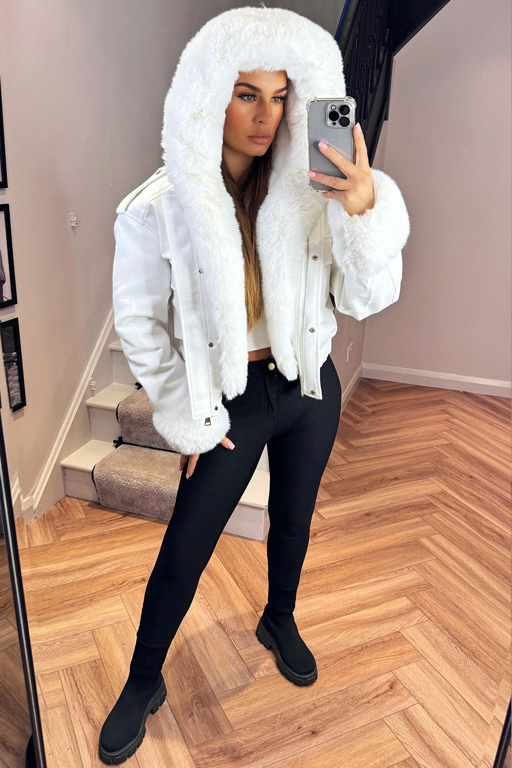 Ameliee | Women’s faux fur bomber jacket with detachable trim