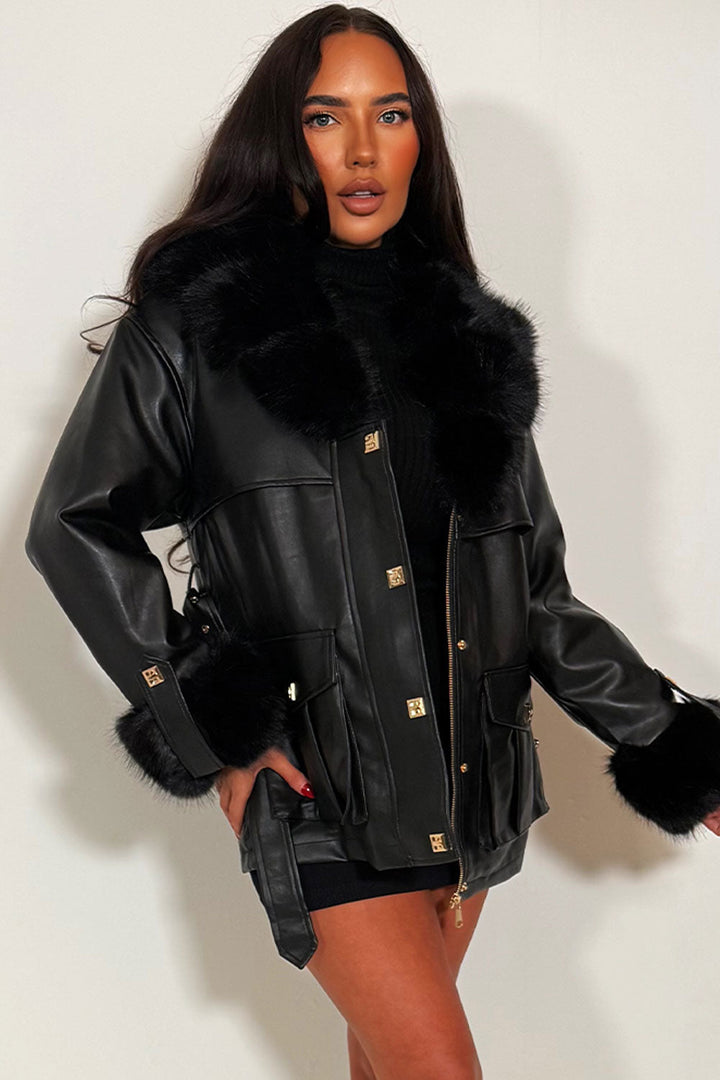 Zinnia | Women’s faux leather jacket with faux fur collar and cuffs