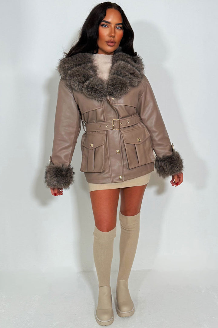 Brisa | Women’s faux leather jacket with faux fur collar and cuffs