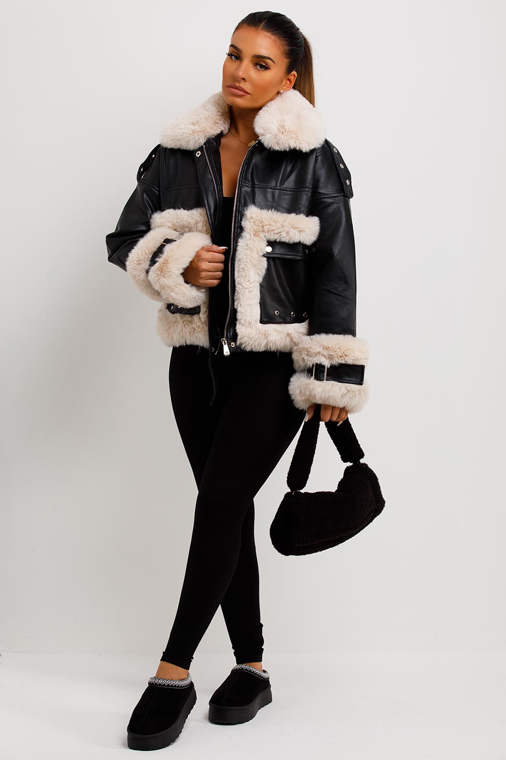 Kaelie | Women’s faux leather jacket with faux fur trim