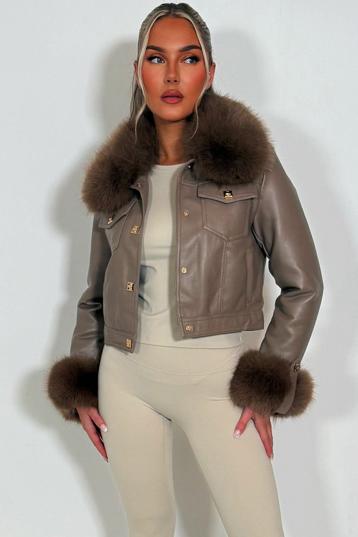 Adaline | Women’s faux leather bomber jacket with detachable faux fur trim