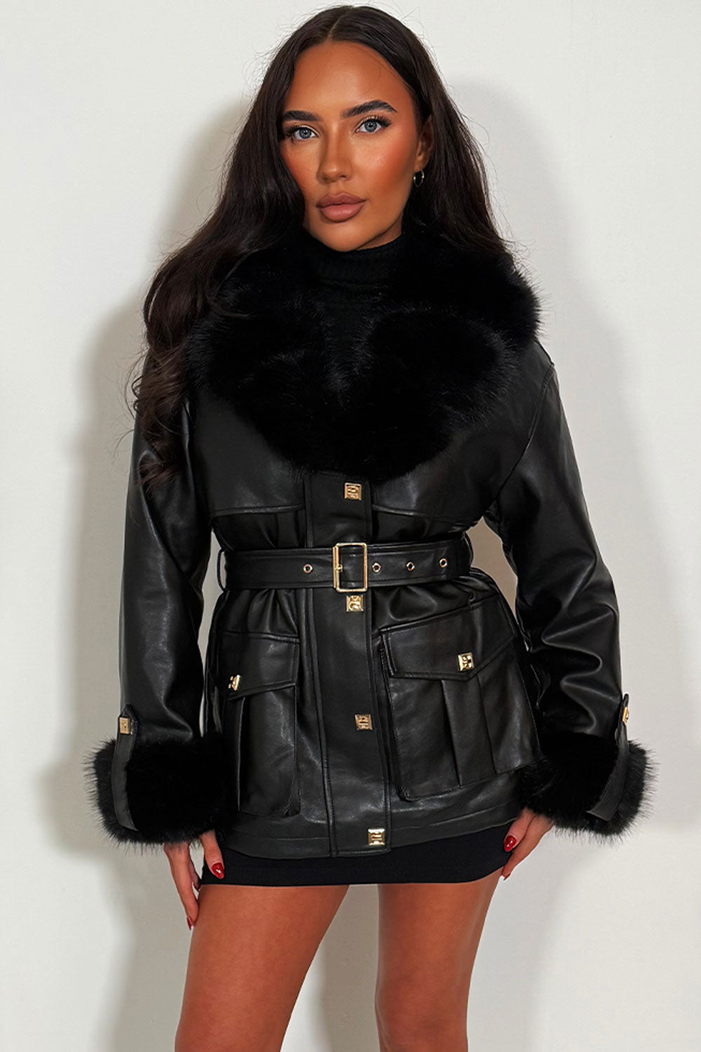 Zinnia | Women’s faux leather jacket with faux fur collar and cuffs