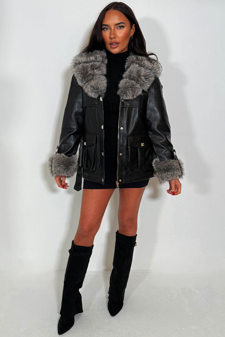 Callista | Women’s faux leather jacket with faux fur collar and cuffs