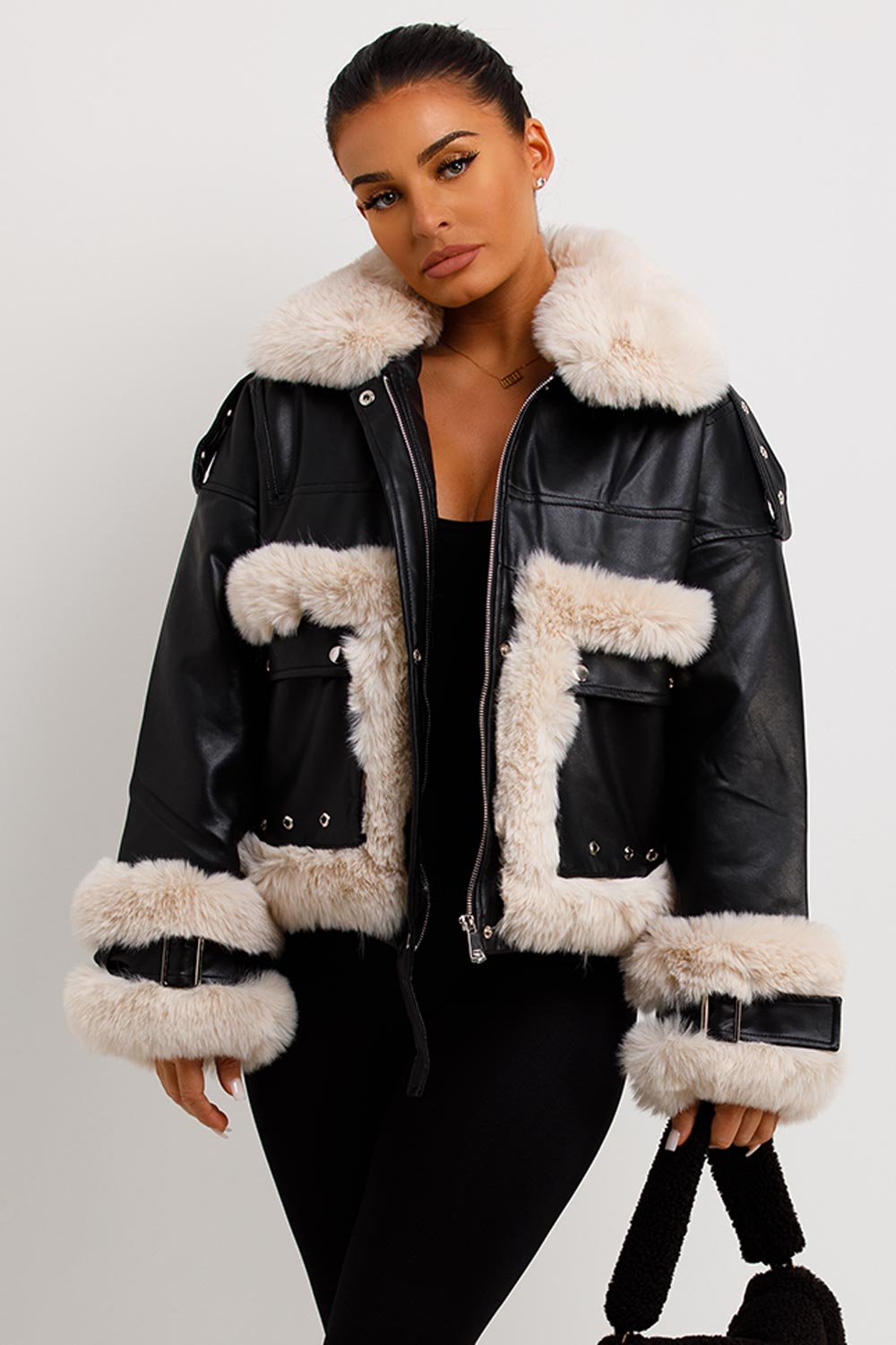 Kaelie | Women’s faux leather jacket with faux fur trim