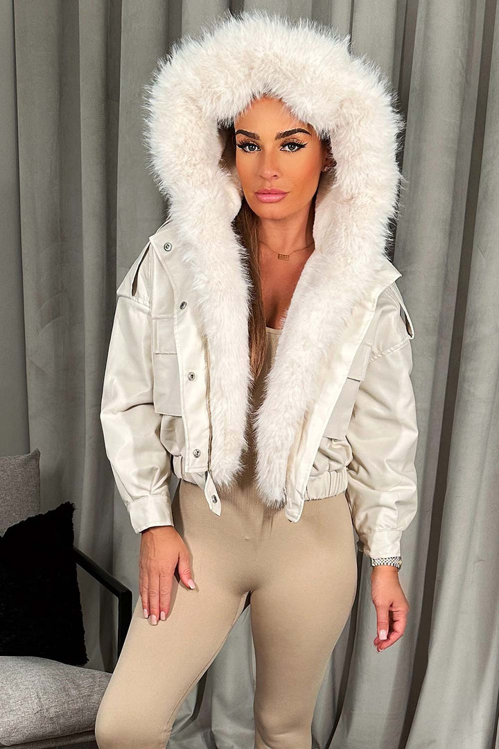 Kaizlyn | Women’s faux leather bomber jacket with faux fur hood
