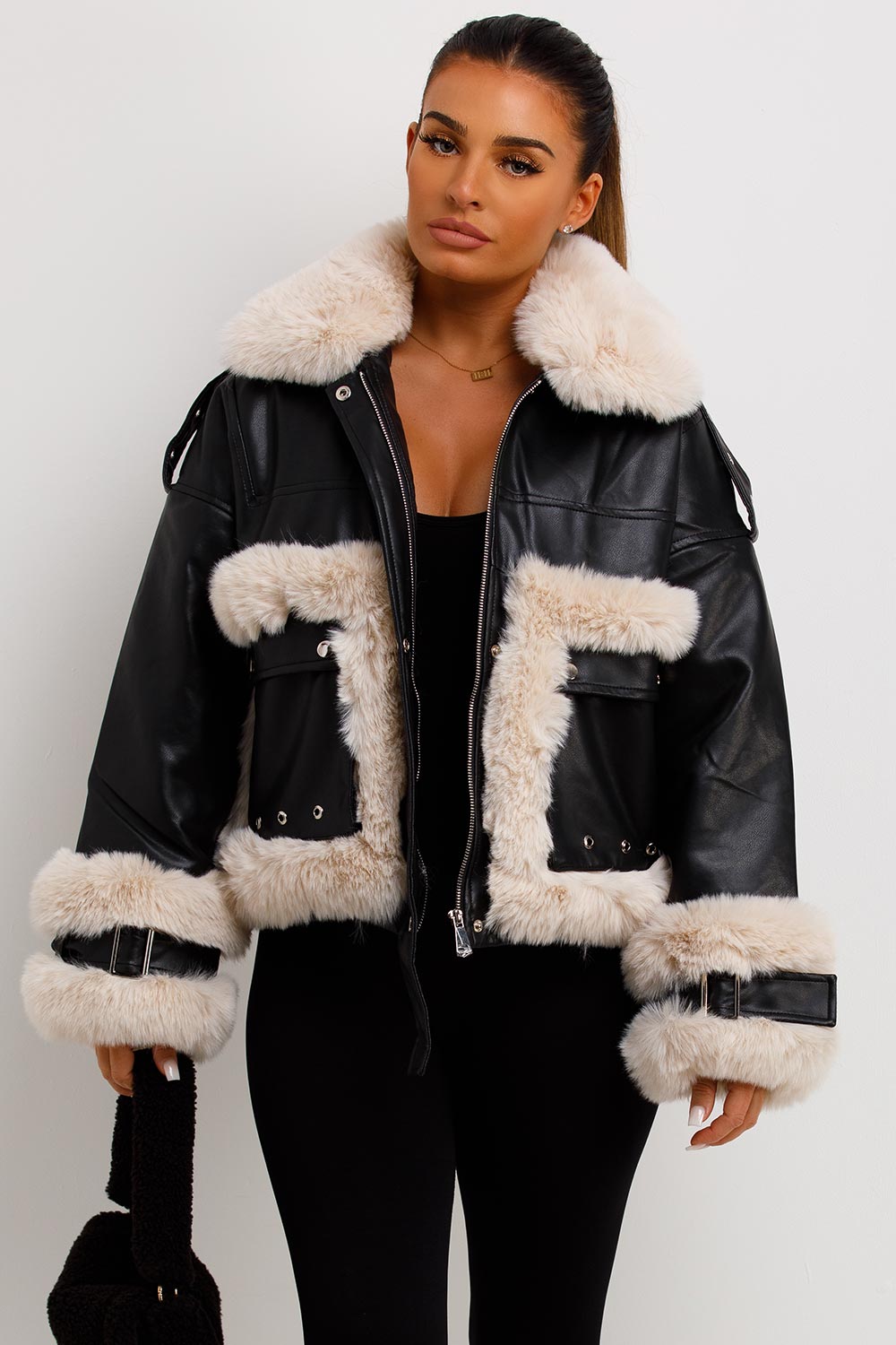 Kaelie | Women’s faux leather jacket with faux fur trim
