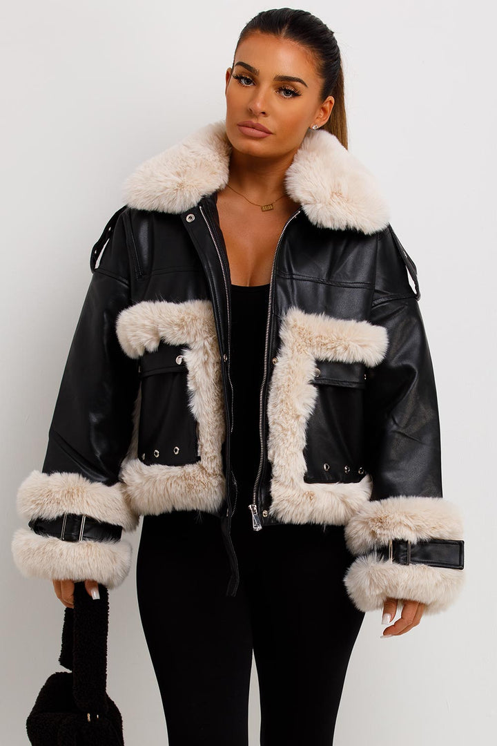 Kaelie | Women’s faux leather jacket with faux fur trim