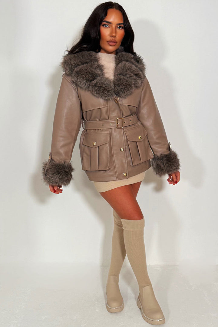 Brisa | Women’s faux leather jacket with faux fur collar and cuffs