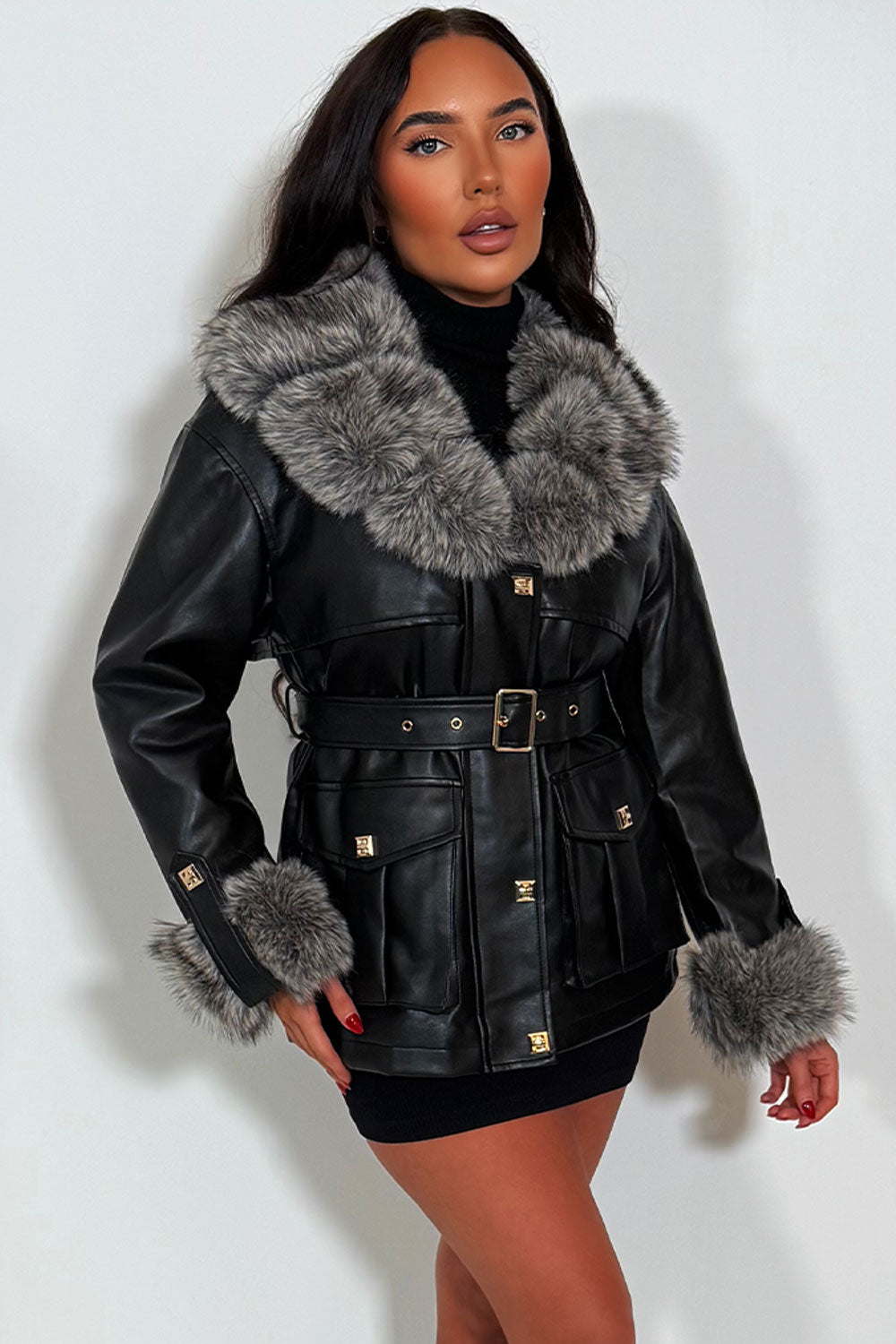 Callista | Women’s faux leather jacket with faux fur collar and cuffs