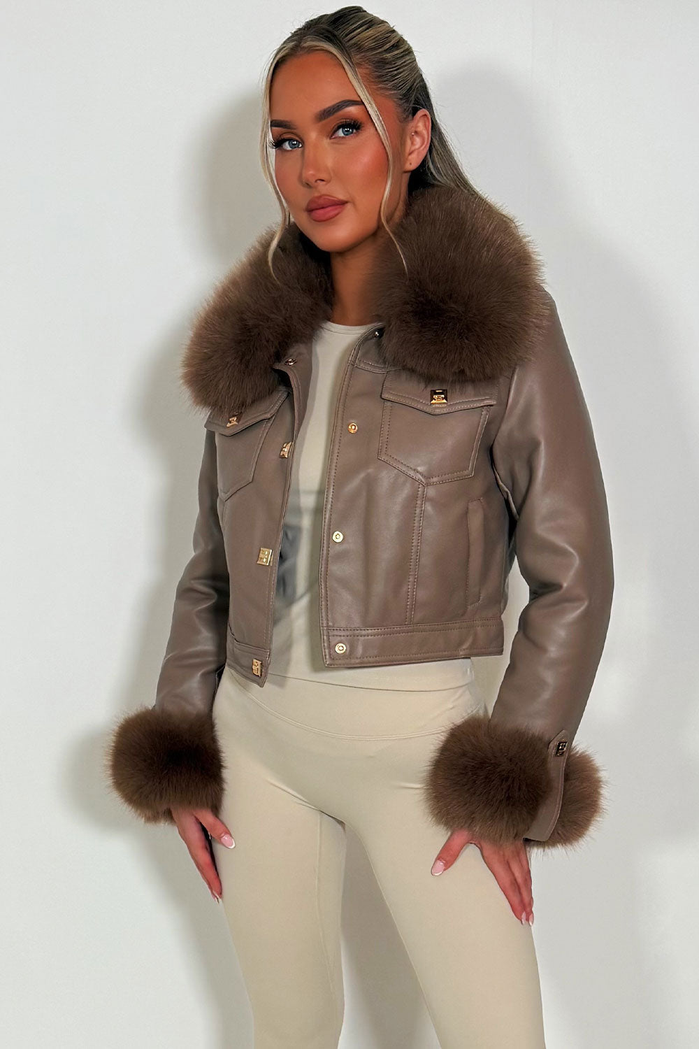 Adaline | Women’s faux leather bomber jacket with detachable faux fur trim