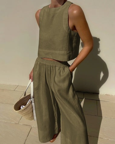 Alessia | Two-piece set with tailored top and wide-leg linen trousers