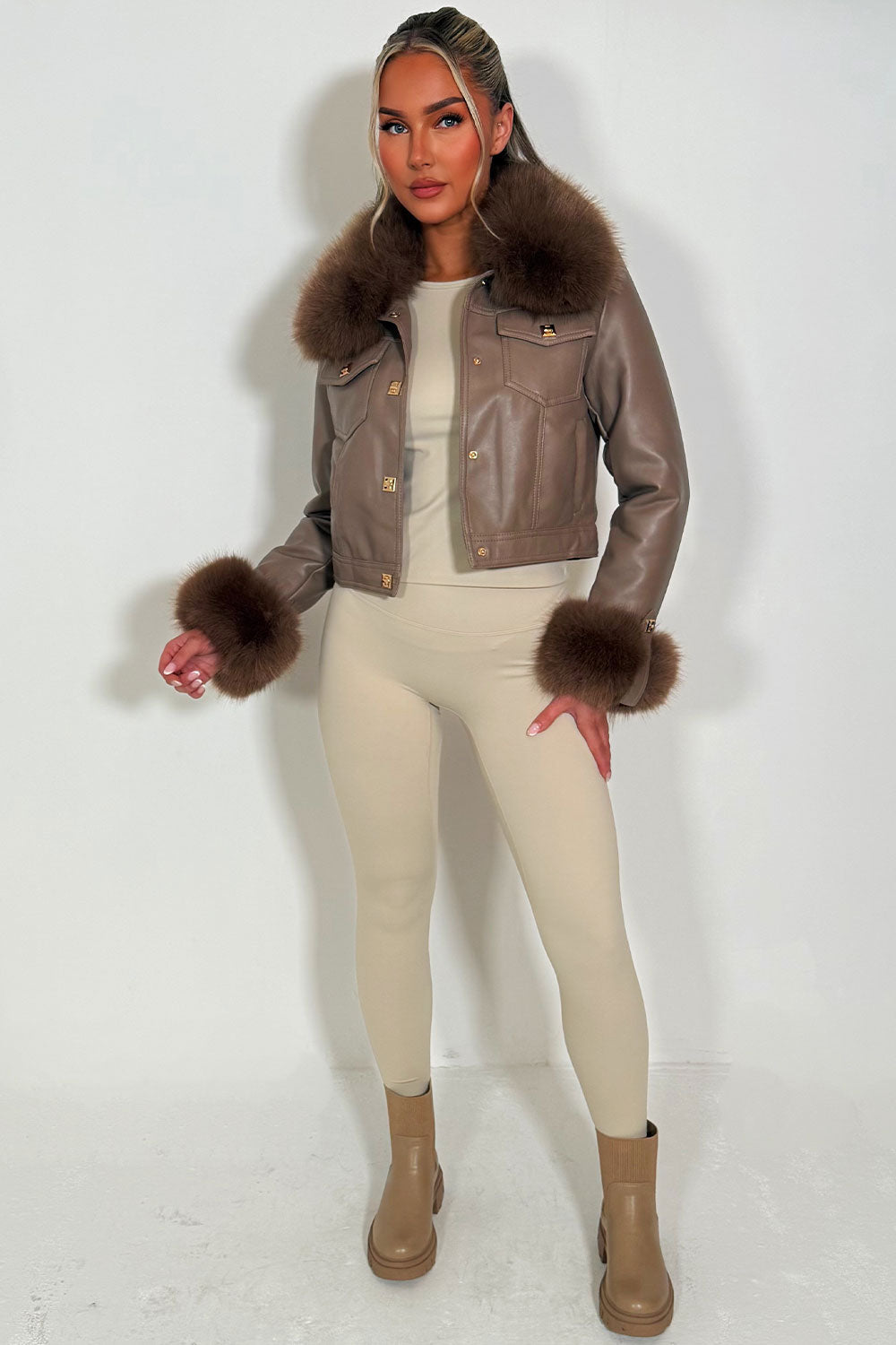 Adaline | Women’s faux leather bomber jacket with detachable faux fur trim