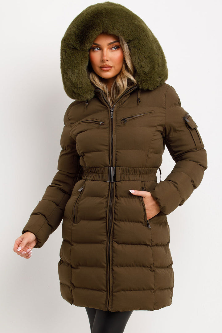 Kahlie | Women’s long belted puffer jacket with faux fur hood