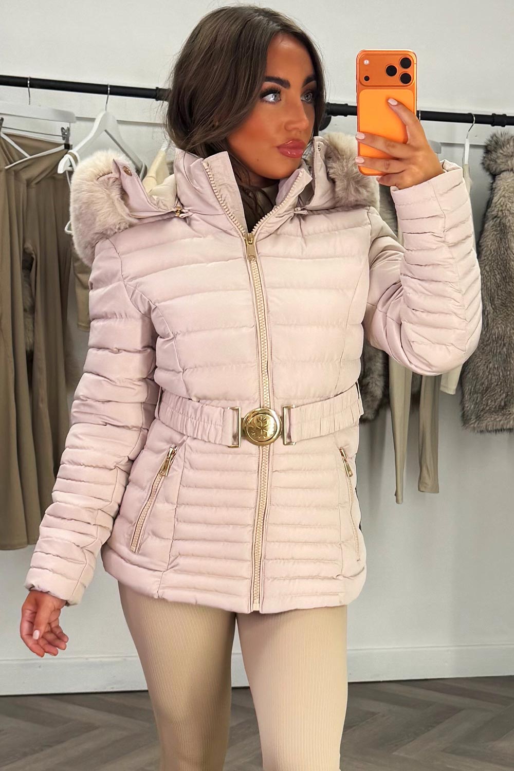 Galilea | Women’s belted puffer jacket with faux fur hood