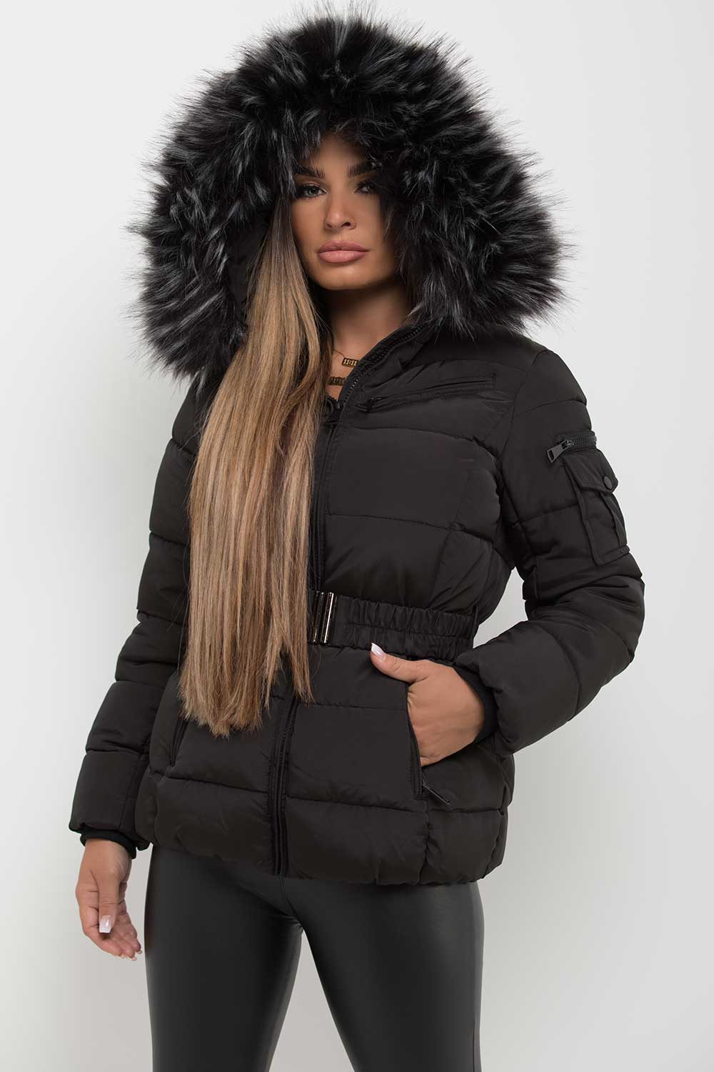 Lux | Women’s belted puffer jacket with faux-fur hood