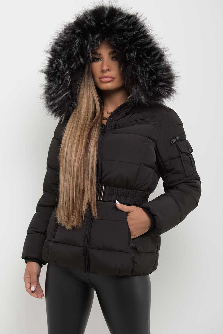 Lux | Women’s belted puffer jacket with faux-fur hood