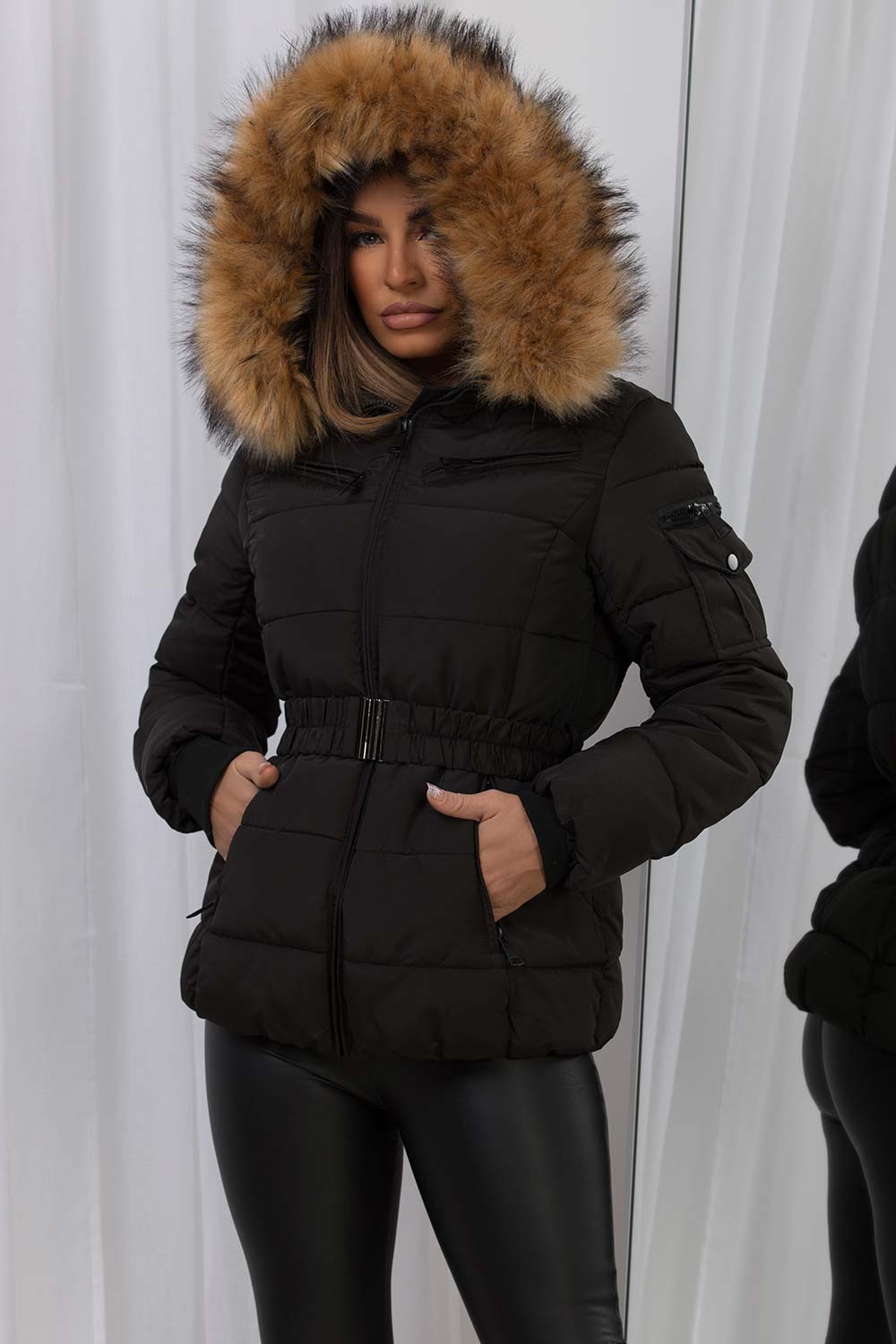 Maisyn | Women’s belted puffer jacket with faux fur hood