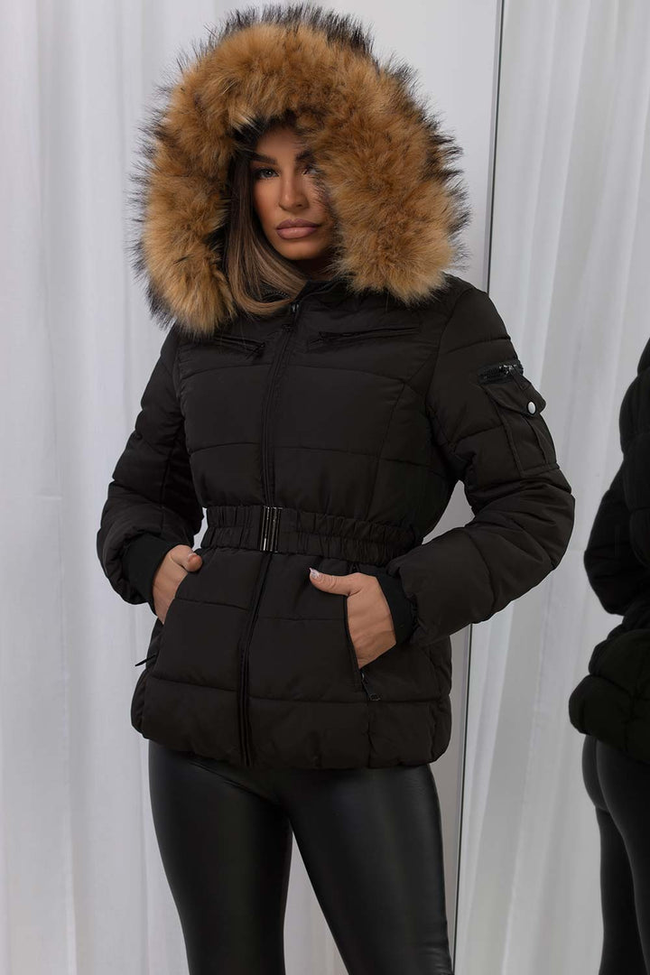 Maisyn | Women’s belted puffer jacket with faux fur hood
