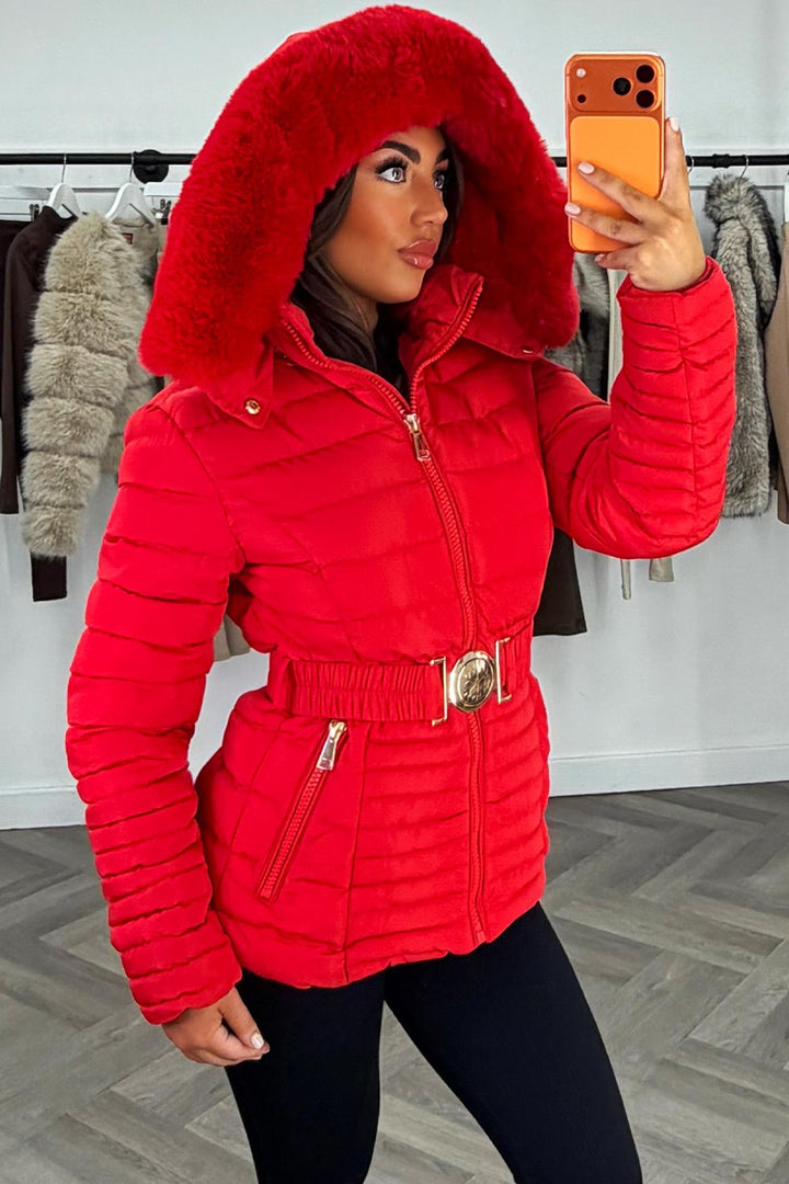 Yara | Women’s fitted puffer jacket with faux fur hood and belt