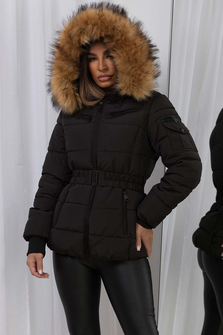 Maisyn | Women’s belted puffer jacket with faux fur hood