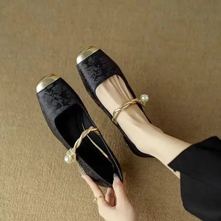 Blythe | Women’s block heel sandals with pearl strap and metallic toe cap