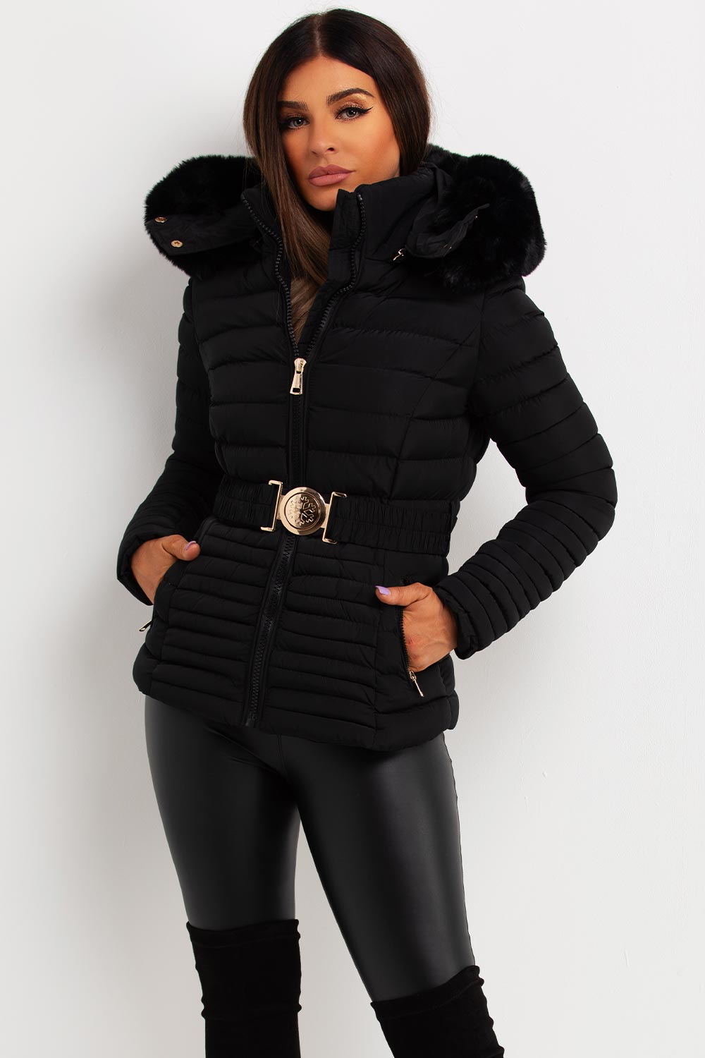 Malina | Women’s belted puffer jacket with faux fur hood