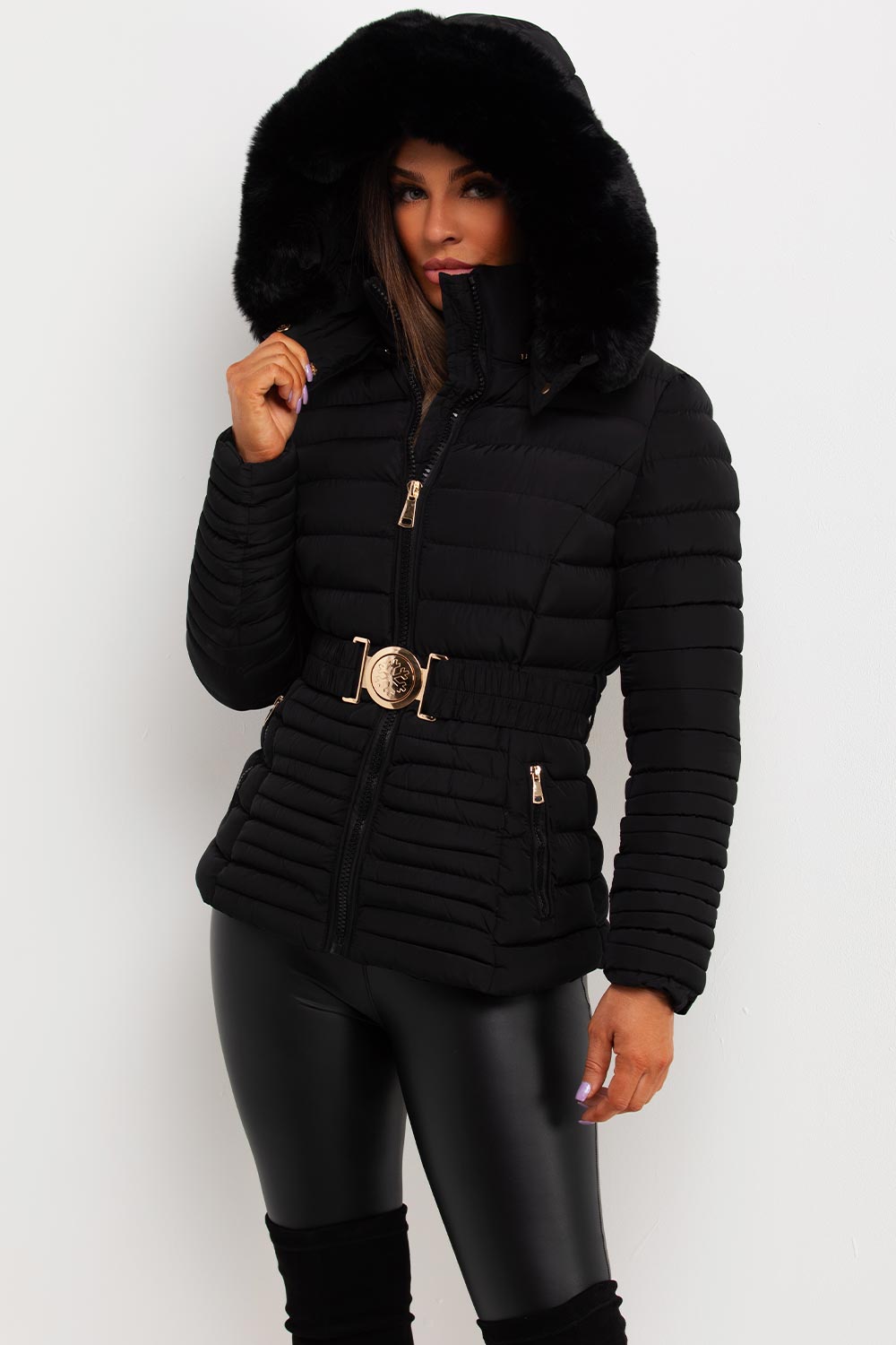 Malina | Women’s belted puffer jacket with faux fur hood