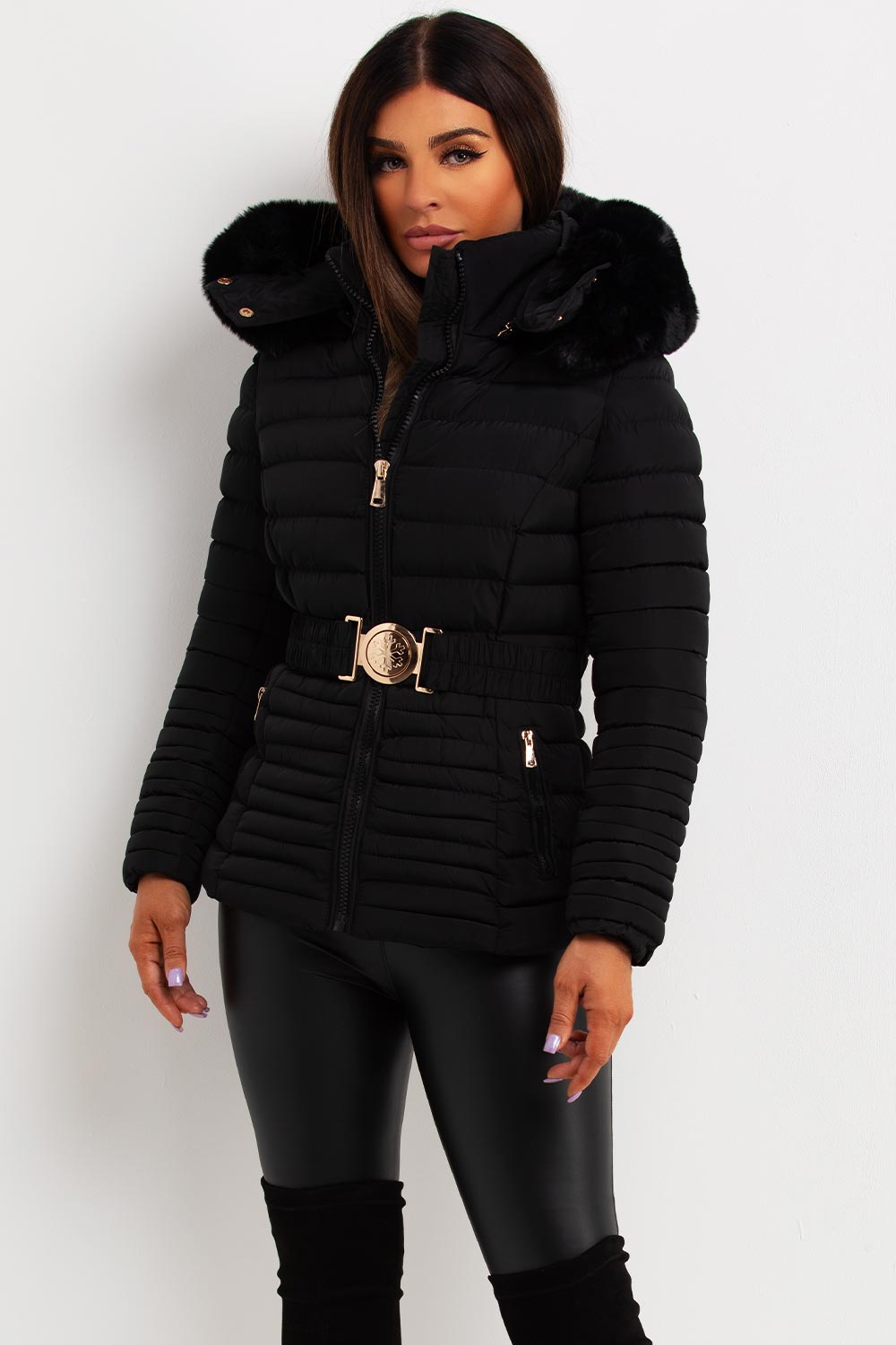 Malina | Women’s belted puffer jacket with faux fur hood