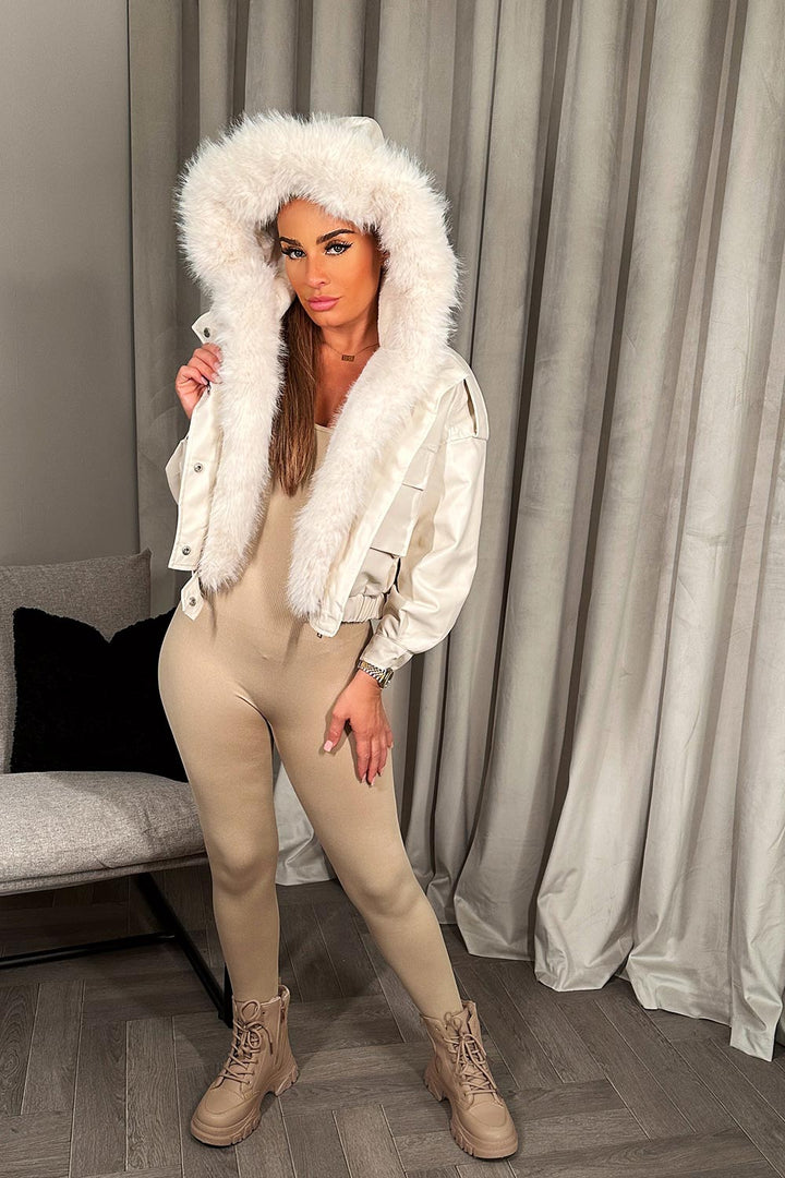 Kaizlyn | Women’s faux leather bomber jacket with faux fur hood