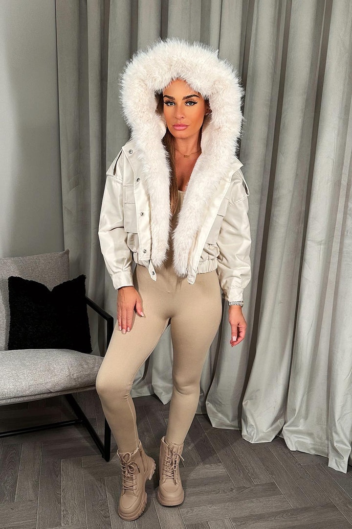 Kaizlyn | Women’s faux leather bomber jacket with faux fur hood