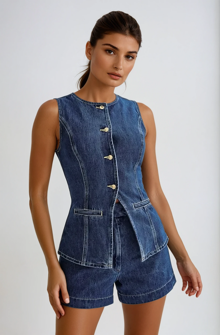 Iya| Women’s denim set with button-down gilet and shorts