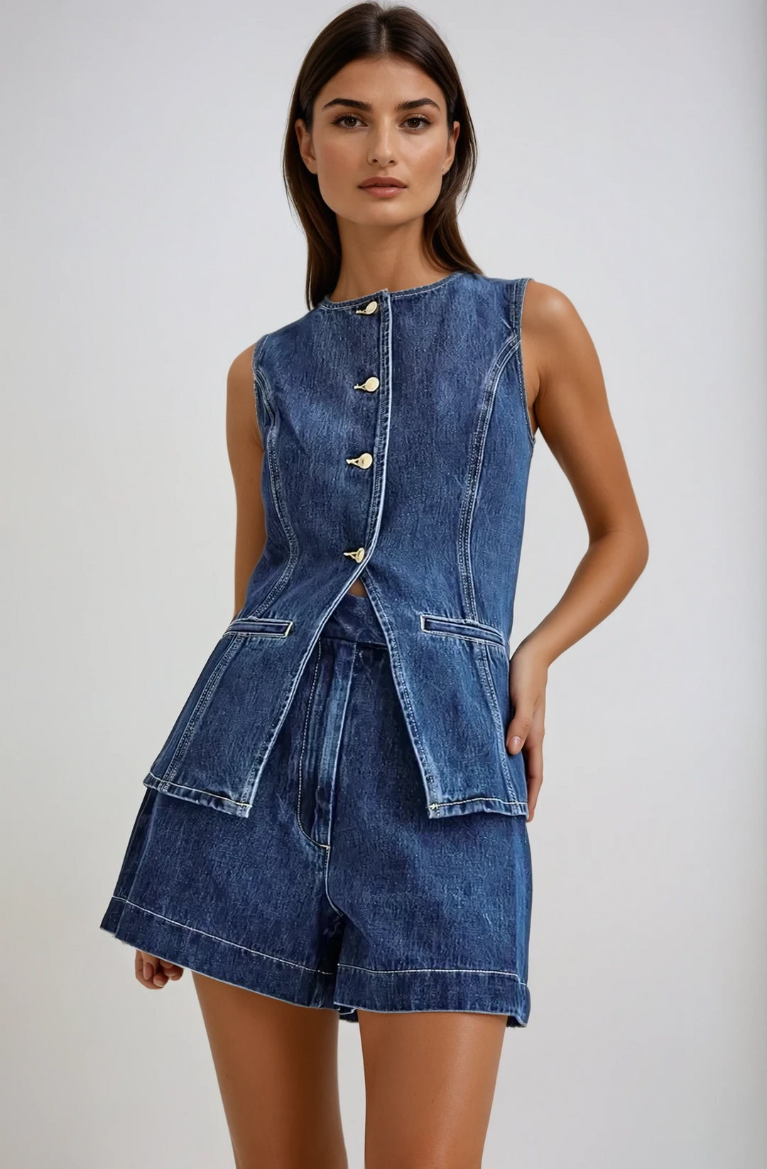 Iya| Women’s denim set with button-down gilet and shorts