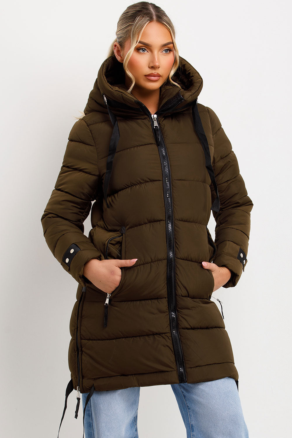 Kaeli | Women’s long puffer coat with hood and side straps