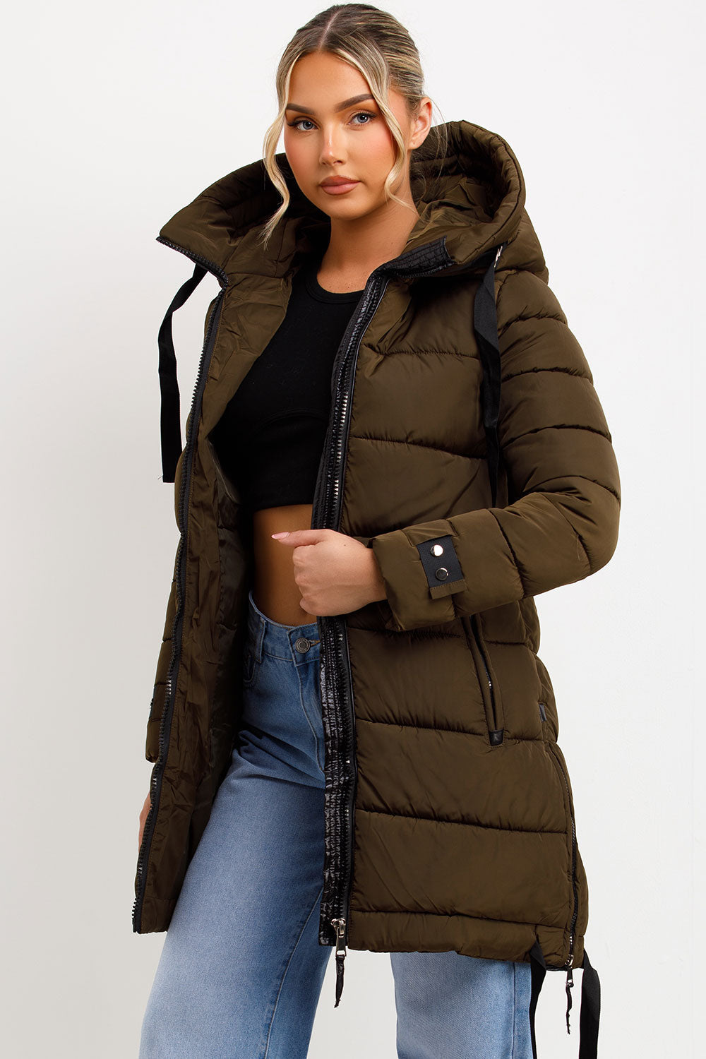 Kaeli | Women’s long puffer coat with hood and side straps