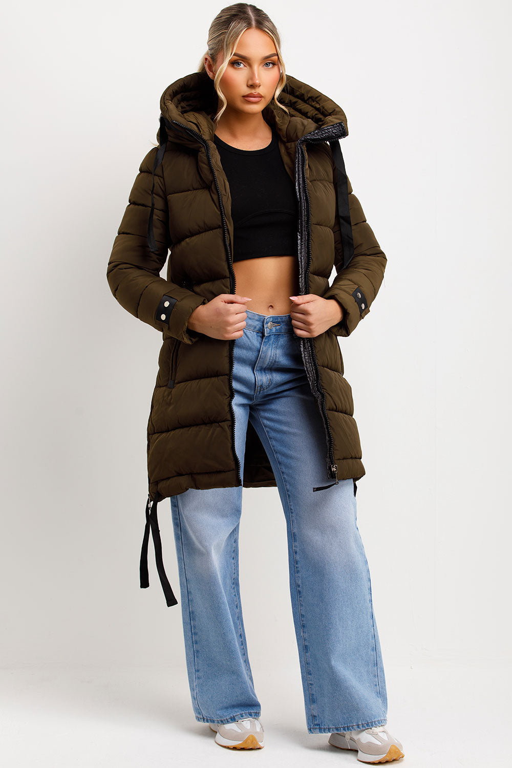 Kaeli | Women’s long puffer coat with hood and side straps