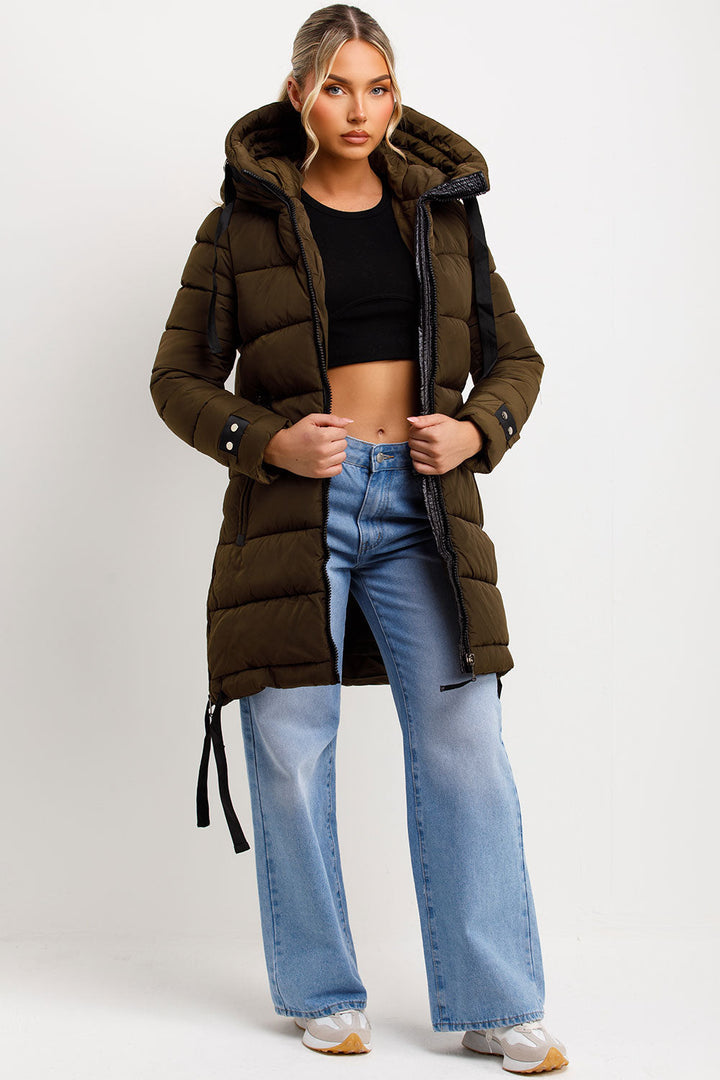 Kaeli | Women’s long puffer coat with hood and side straps