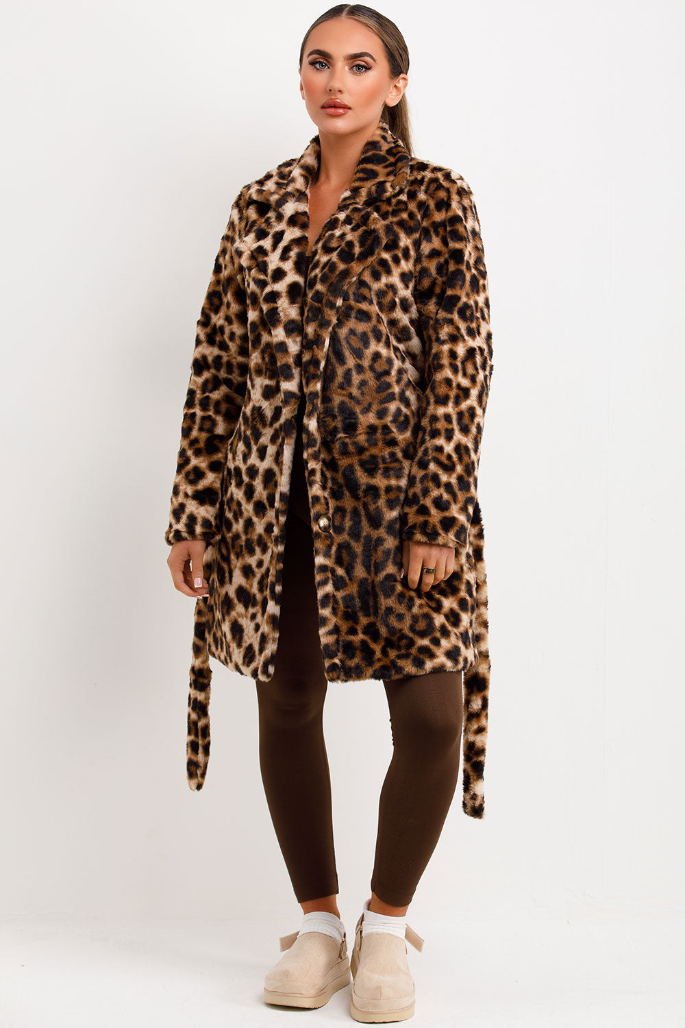 Islyn | Women’s faux fur coat with belt and lapel collar