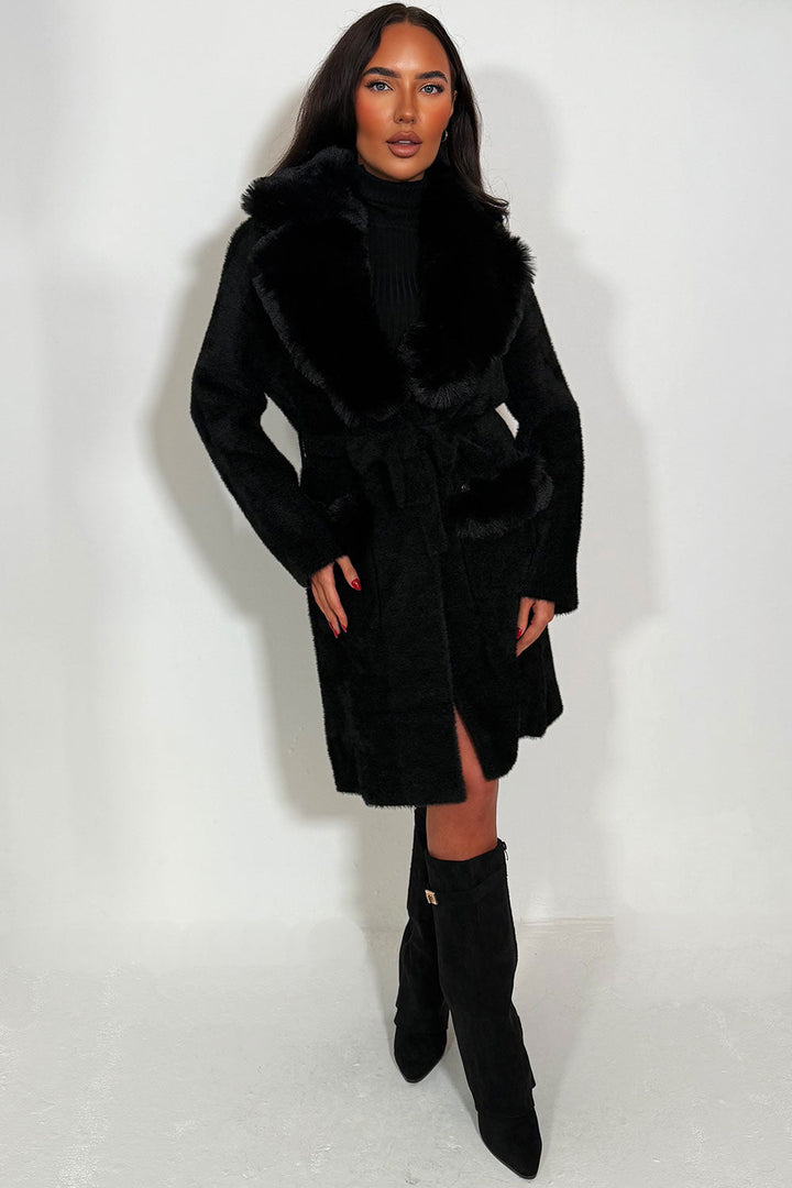 Kesslyn | Women’s belted coat with faux fur collar
