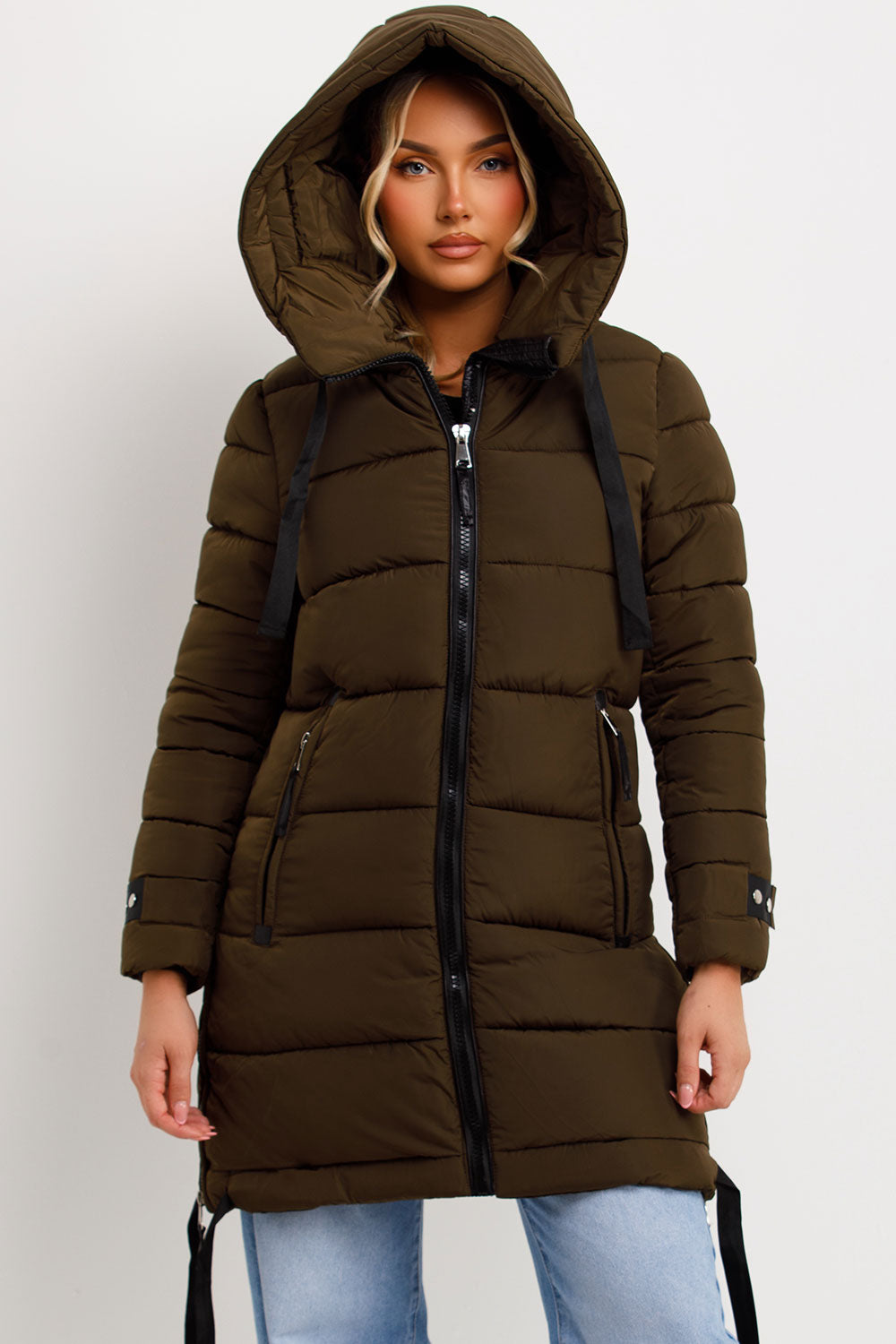 Kaeli | Women’s long puffer coat with hood and side straps
