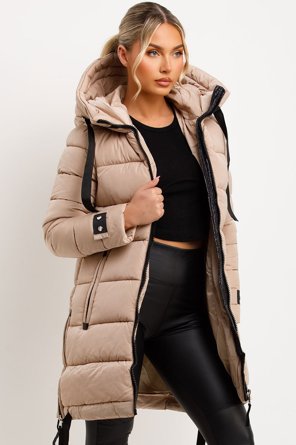Mylenna | Women’s long puffer coat with hood and side straps