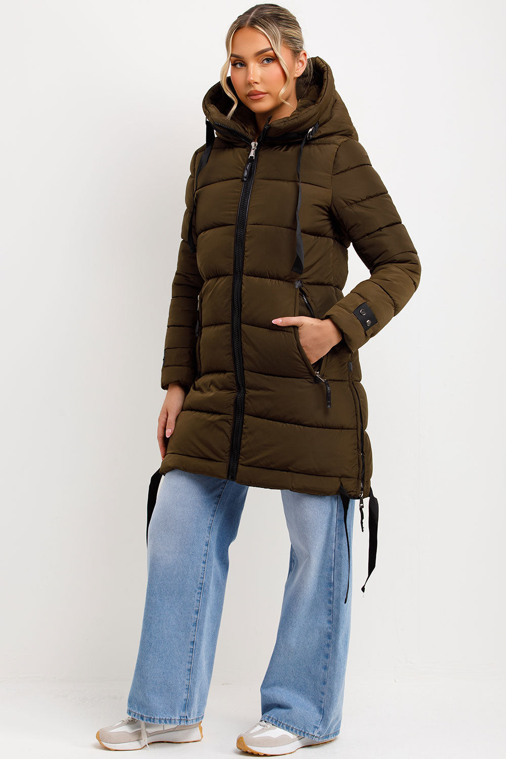 Kaeli | Women’s long puffer coat with hood and side straps