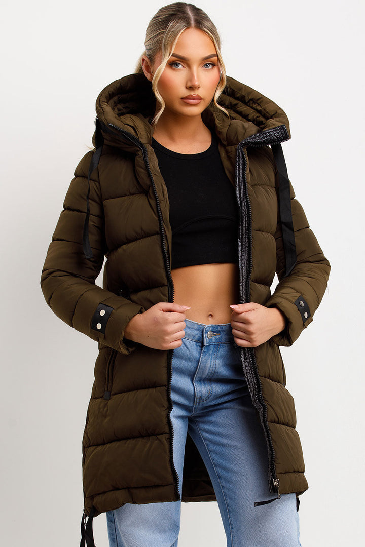 Kaeli | Women’s long puffer coat with hood and side straps