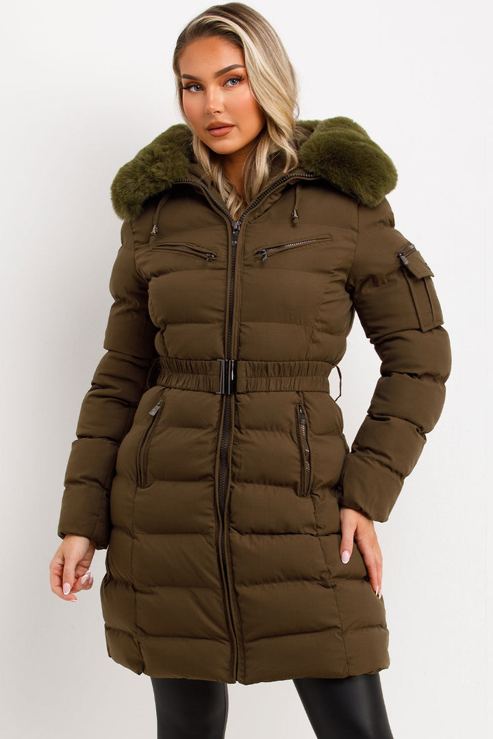Kahlie | Women’s long belted puffer jacket with faux fur hood