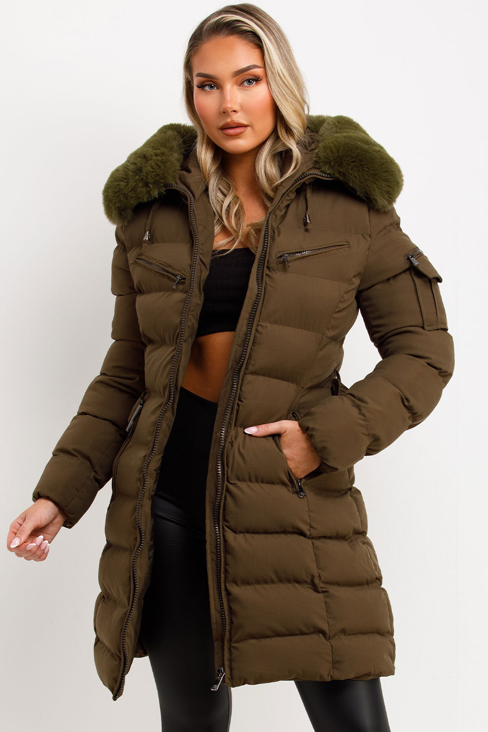Kahlie | Women’s long belted puffer jacket with faux fur hood
