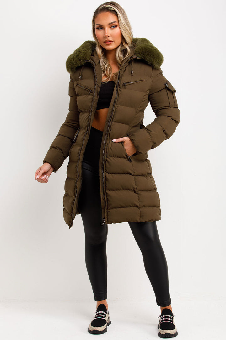 Kahlie | Women’s long belted puffer jacket with faux fur hood